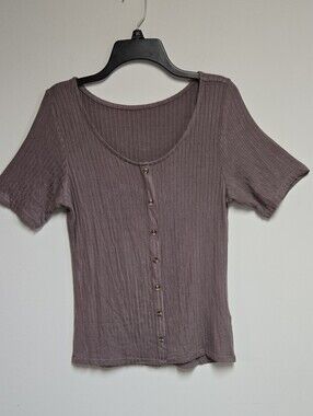 Vivance Ribbed Button-Front Short Sleeve Tee - Brown